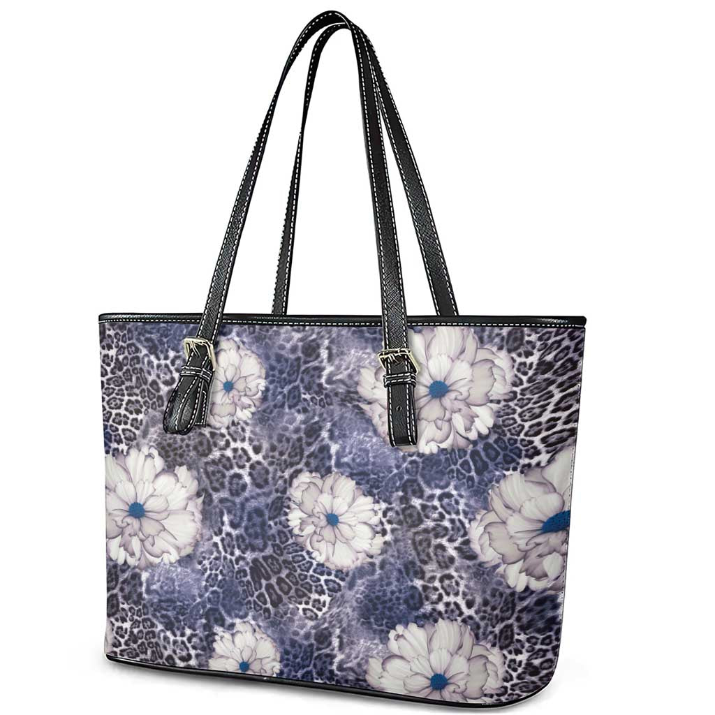 African Leopard Floral Pattern Leather Tote Bag Nile Indigo