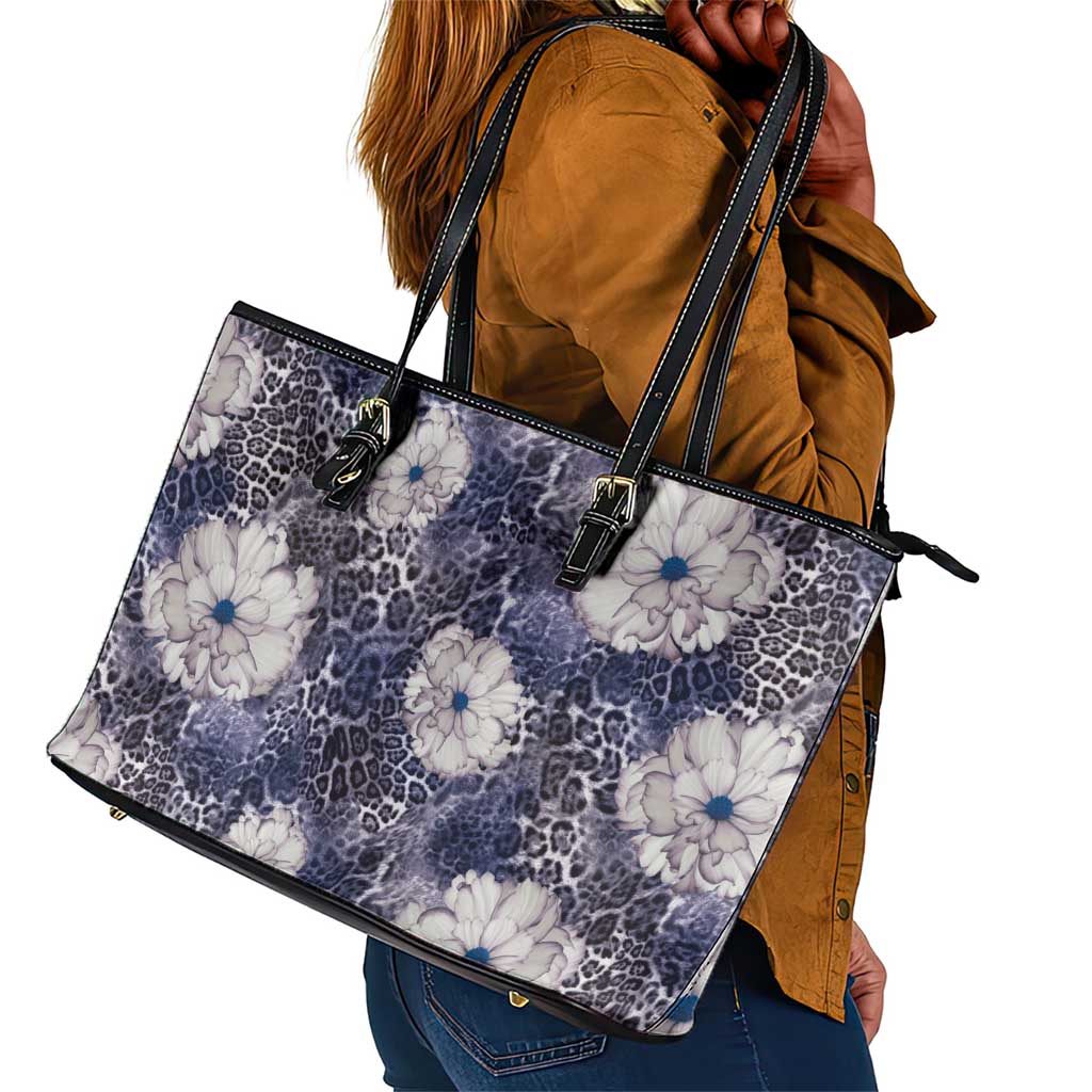 African Leopard Floral Pattern Leather Tote Bag Nile Indigo