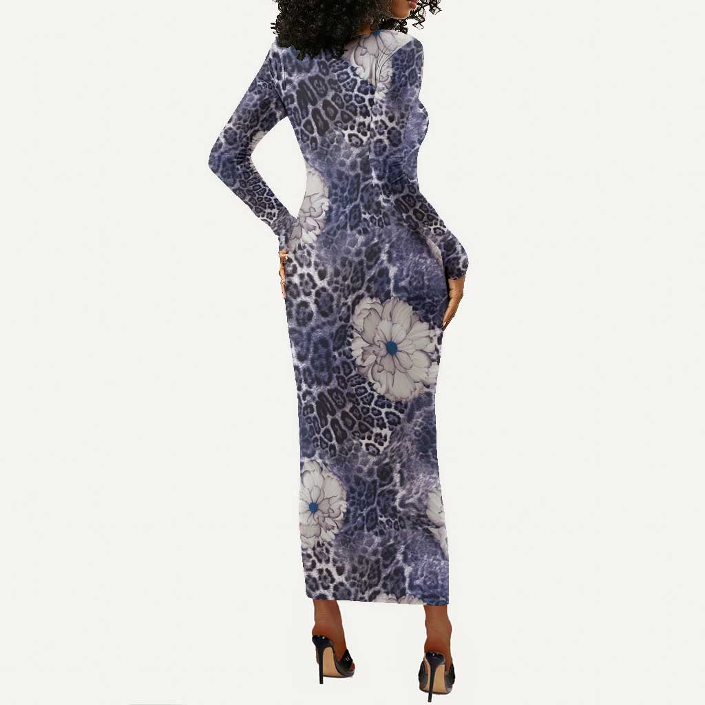 African Leopard Floral Pattern Long Sleeve Bodycon Dress Nile Indigo