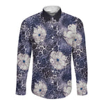 African Leopard Floral Pattern Long Sleeve Button Shirt Nile Indigo