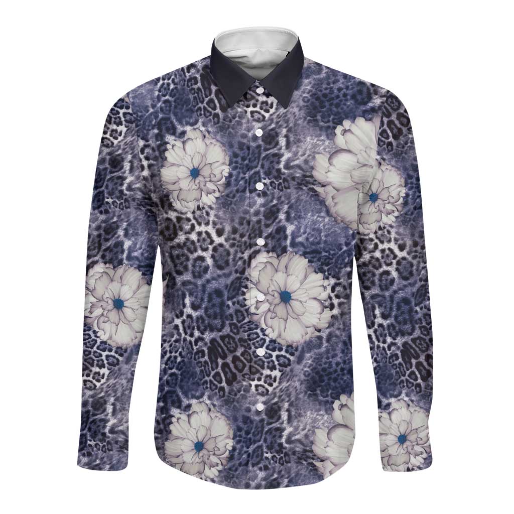 African Leopard Floral Pattern Long Sleeve Button Shirt Nile Indigo