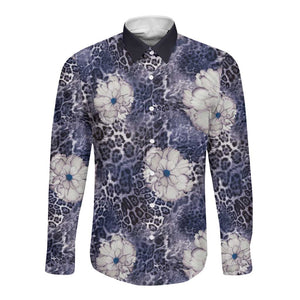 African Leopard Floral Pattern Long Sleeve Button Shirt Nile Indigo