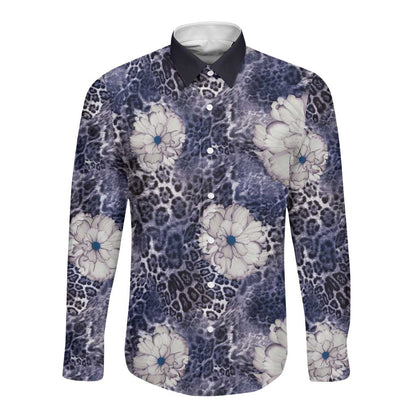 African Leopard Floral Pattern Long Sleeve Button Shirt Nile Indigo