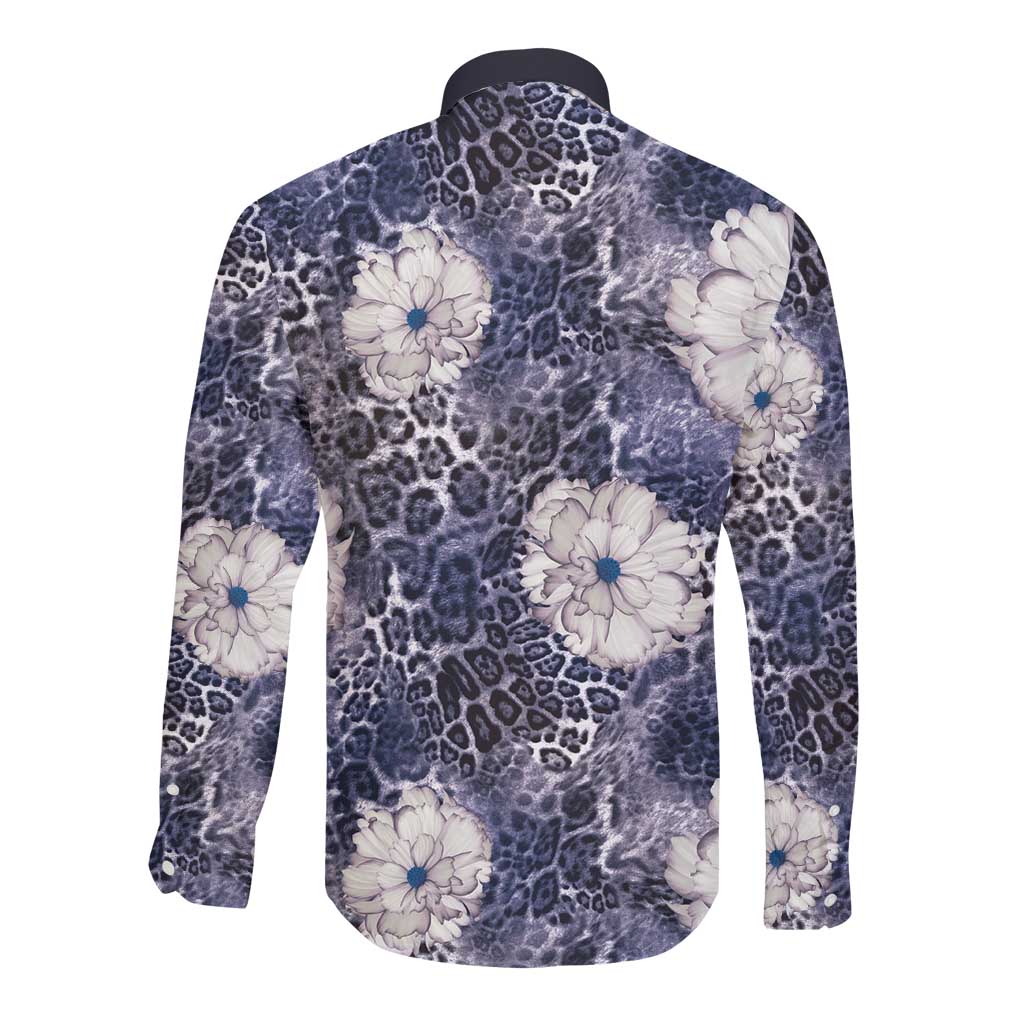 African Leopard Floral Pattern Long Sleeve Button Shirt Nile Indigo