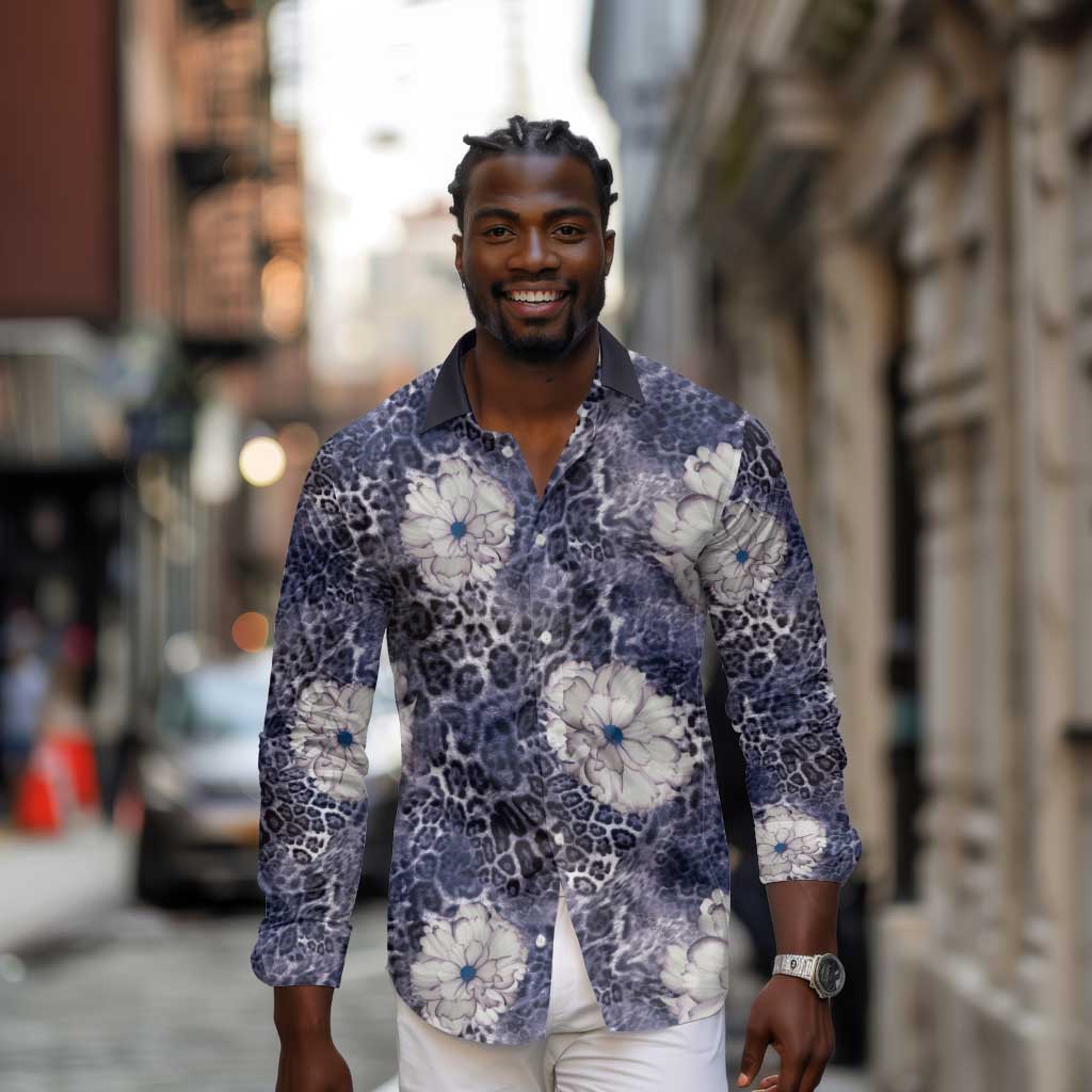 African Leopard Floral Pattern Long Sleeve Button Shirt Nile Indigo