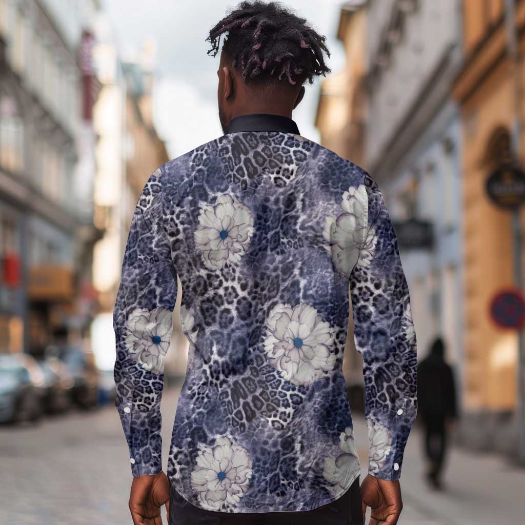 African Leopard Floral Pattern Long Sleeve Button Shirt Nile Indigo