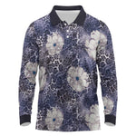 African Leopard Floral Pattern Long Sleeve Polo Shirt Nile Indigo