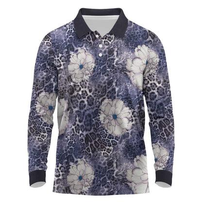 African Leopard Floral Pattern Long Sleeve Polo Shirt Nile Indigo