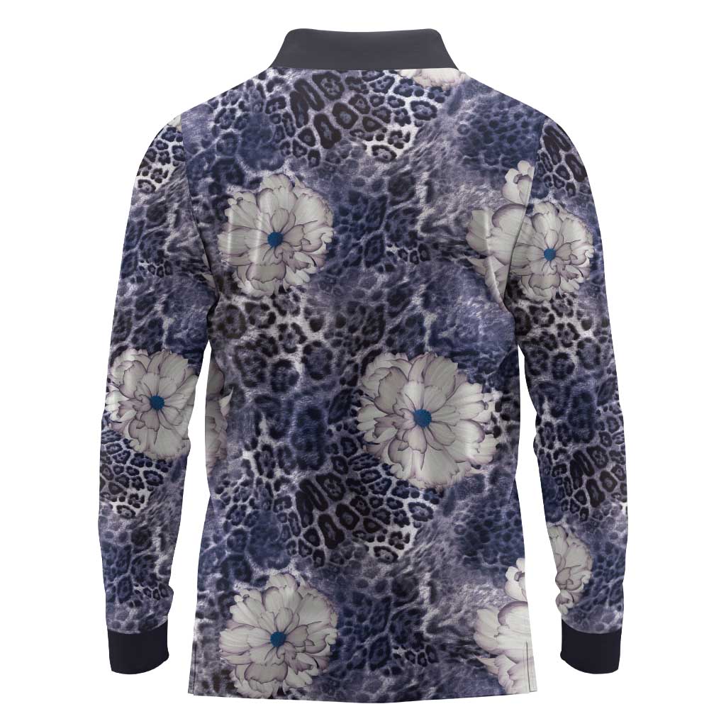 African Leopard Floral Pattern Long Sleeve Polo Shirt Nile Indigo