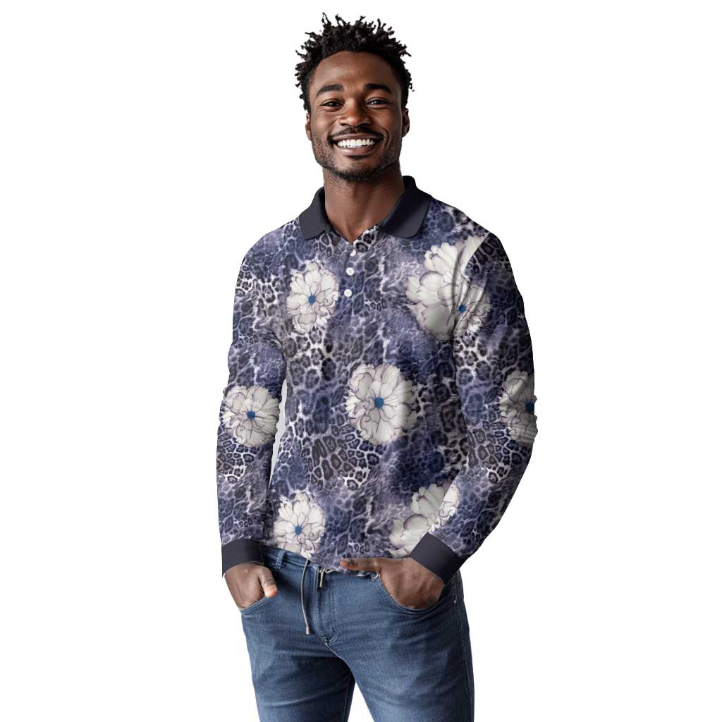African Leopard Floral Pattern Long Sleeve Polo Shirt Nile Indigo