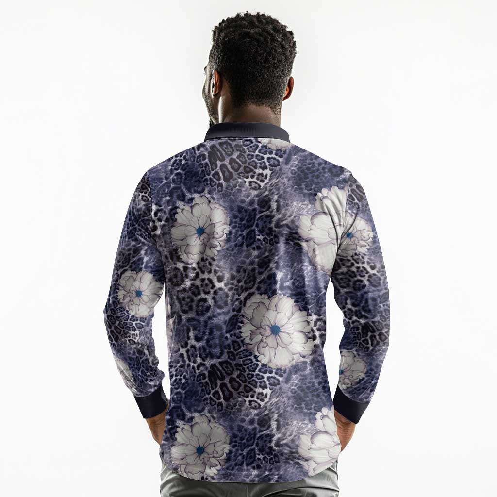 African Leopard Floral Pattern Long Sleeve Polo Shirt Nile Indigo