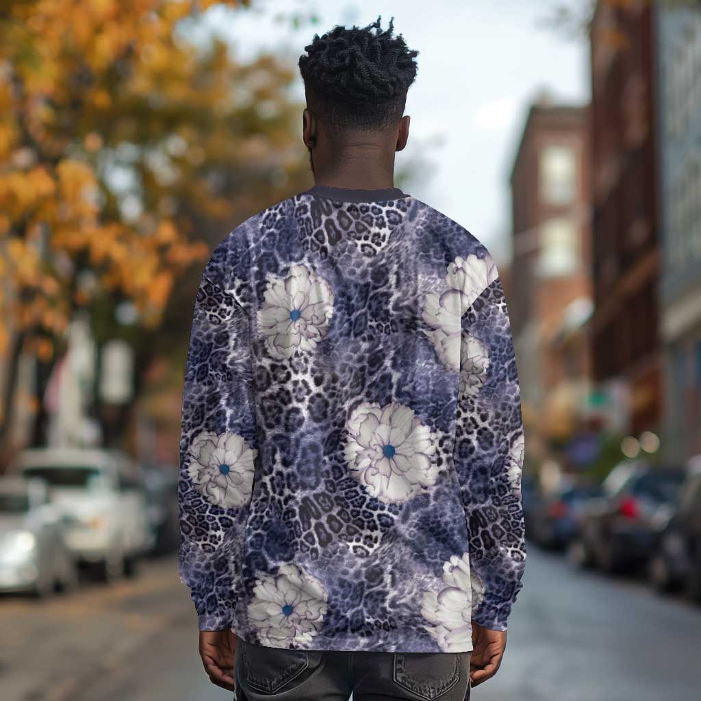 African Leopard Floral Pattern Long Sleeve Shirt Nile Indigo