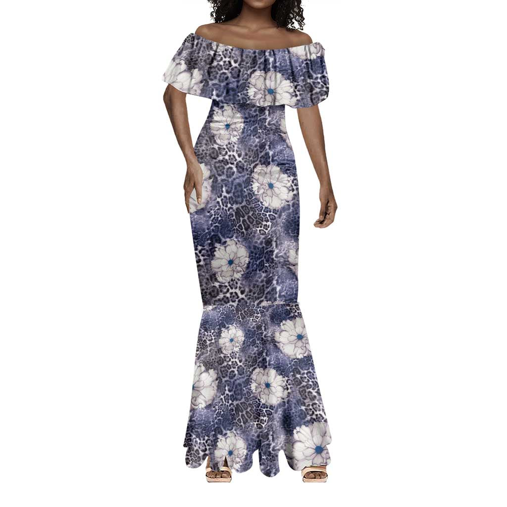 African Leopard Floral Pattern Mermaid Dress Nile Indigo