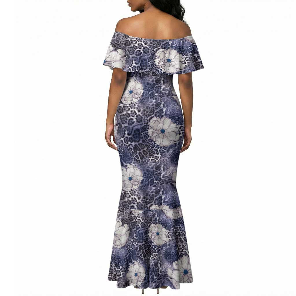 African Leopard Floral Pattern Mermaid Dress Nile Indigo
