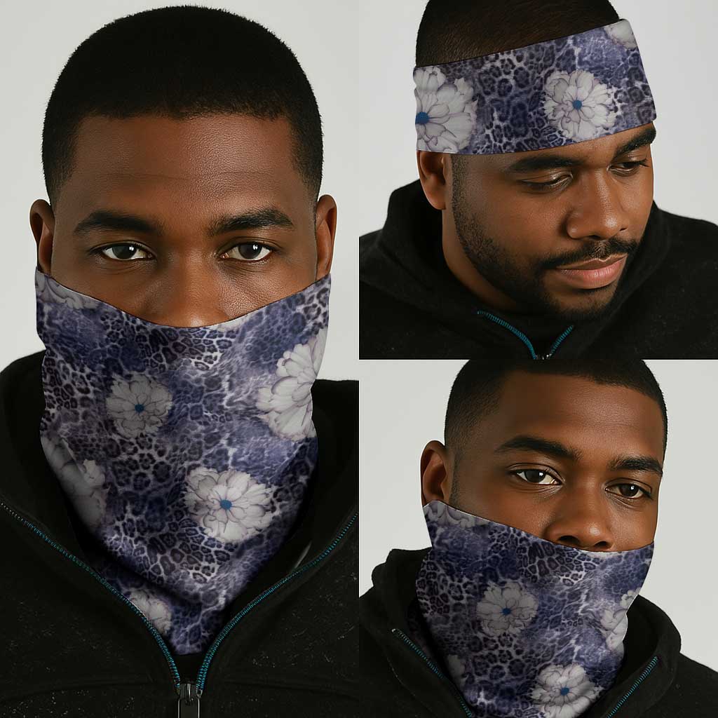 African Leopard Floral Pattern Neck Gaiter Nile Indigo