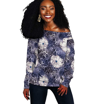 African Leopard Floral Pattern Off Shoulder Sweater Nile Indigo