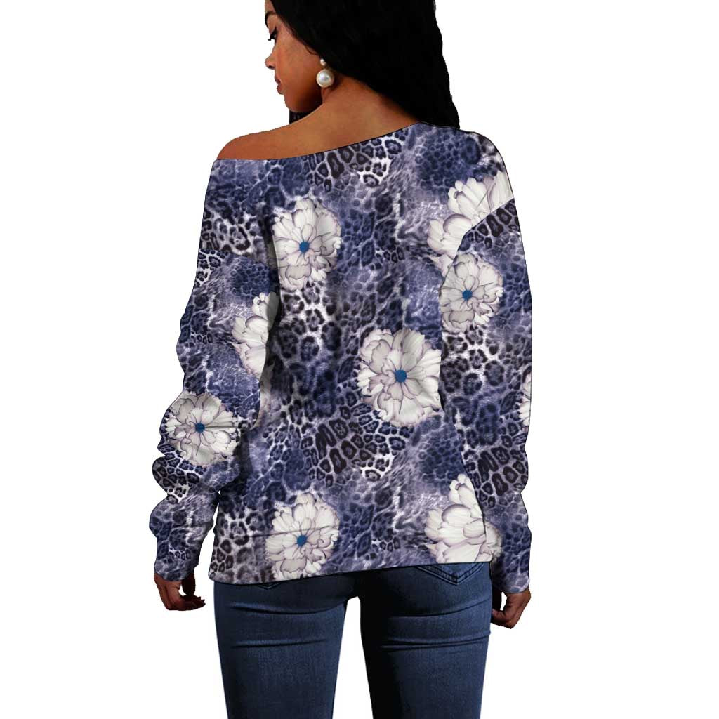 African Leopard Floral Pattern Off Shoulder Sweater Nile Indigo