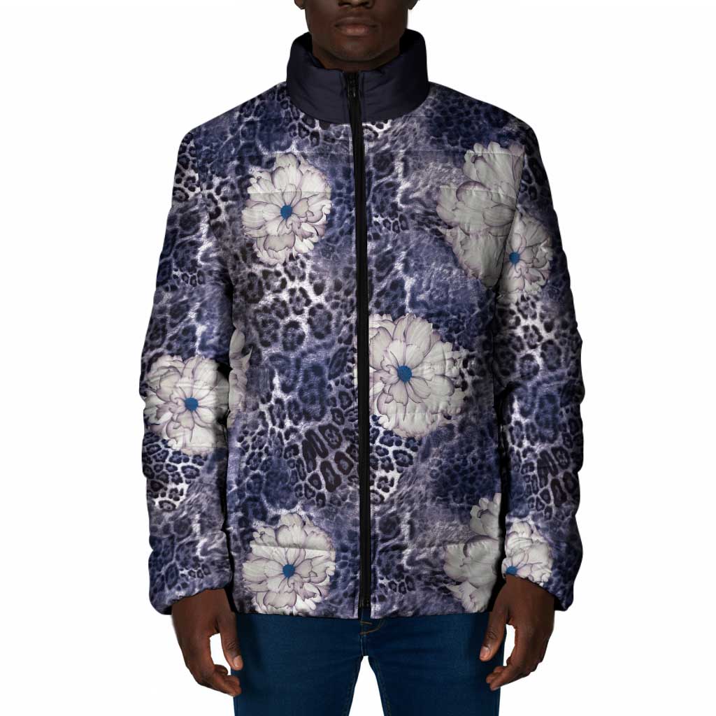 African Leopard Floral Pattern Padded Jacket Nile Indigo
