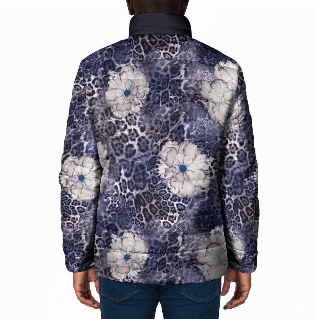 African Leopard Floral Pattern Padded Jacket Nile Indigo