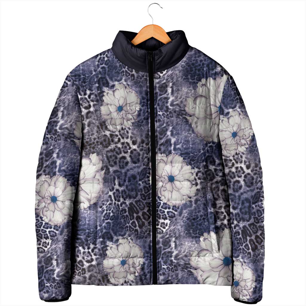 African Leopard Floral Pattern Padded Jacket Nile Indigo