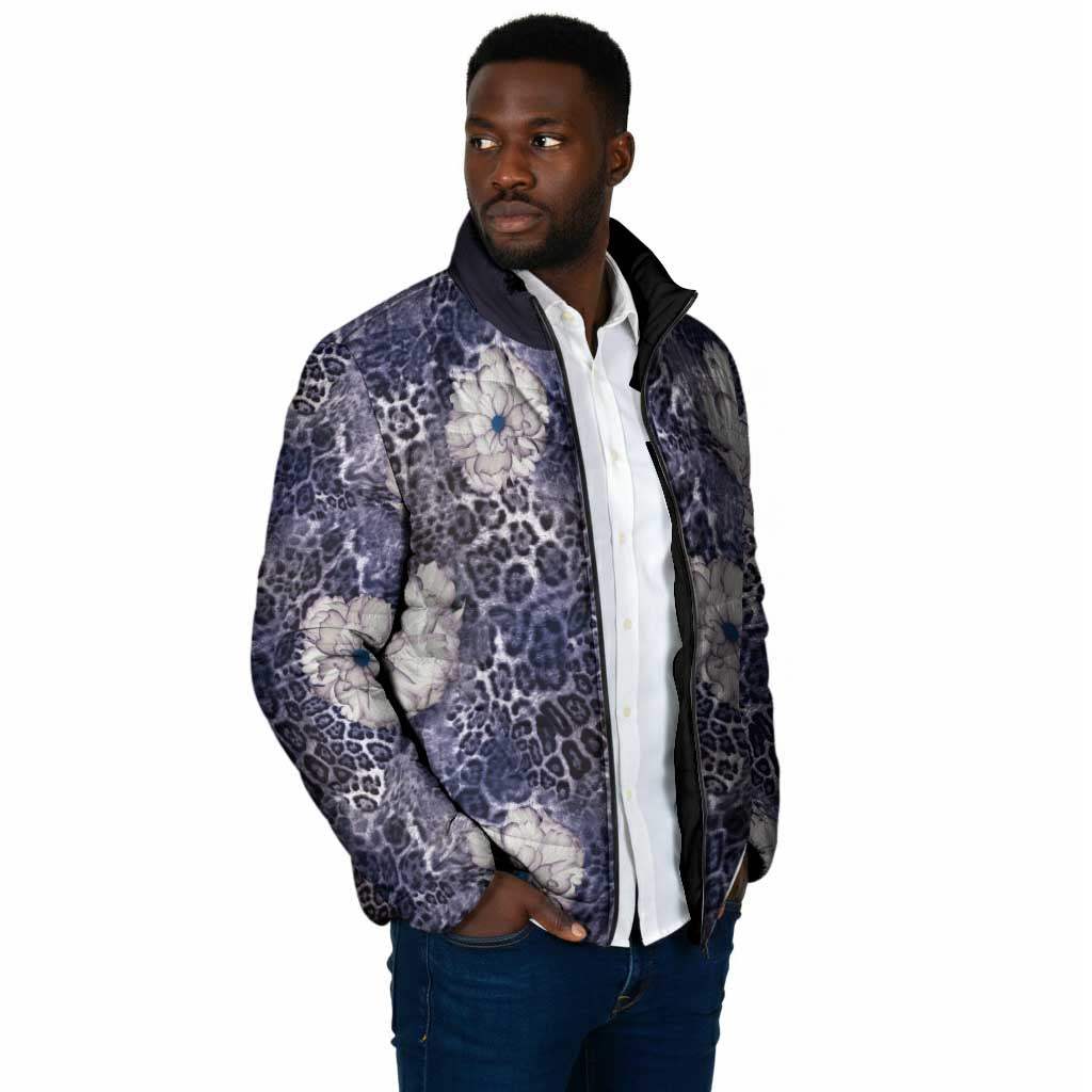 African Leopard Floral Pattern Padded Jacket Nile Indigo