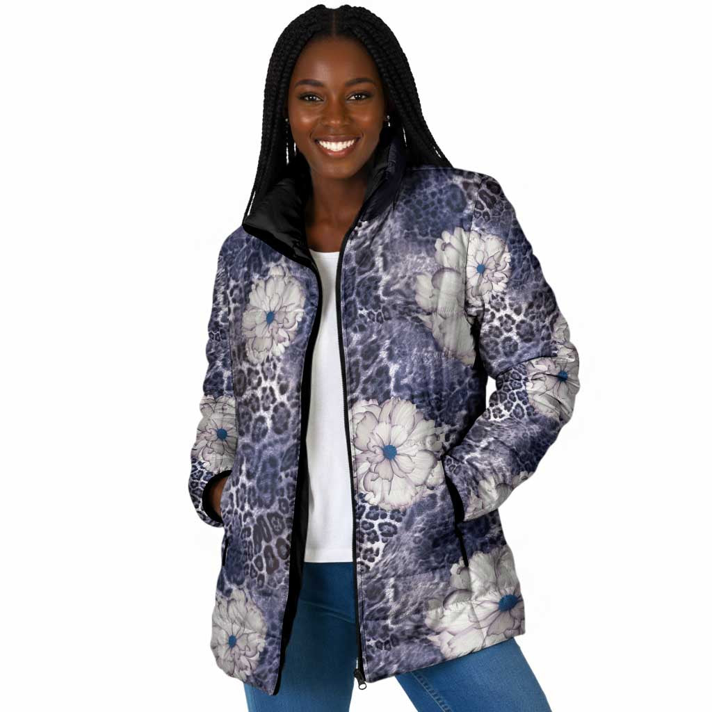 African Leopard Floral Pattern Padded Jacket Nile Indigo