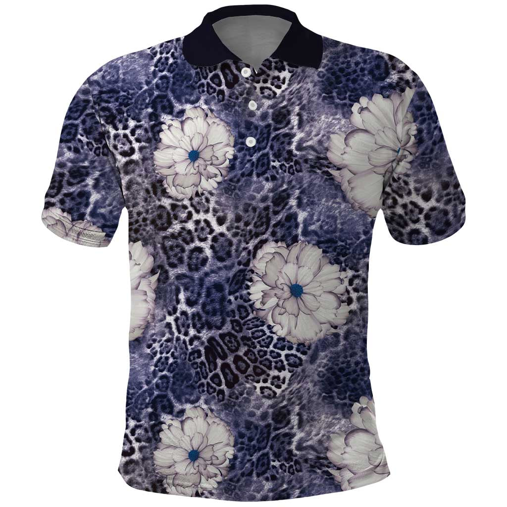 African Leopard Floral Pattern Polo Shirt Nile Indigo