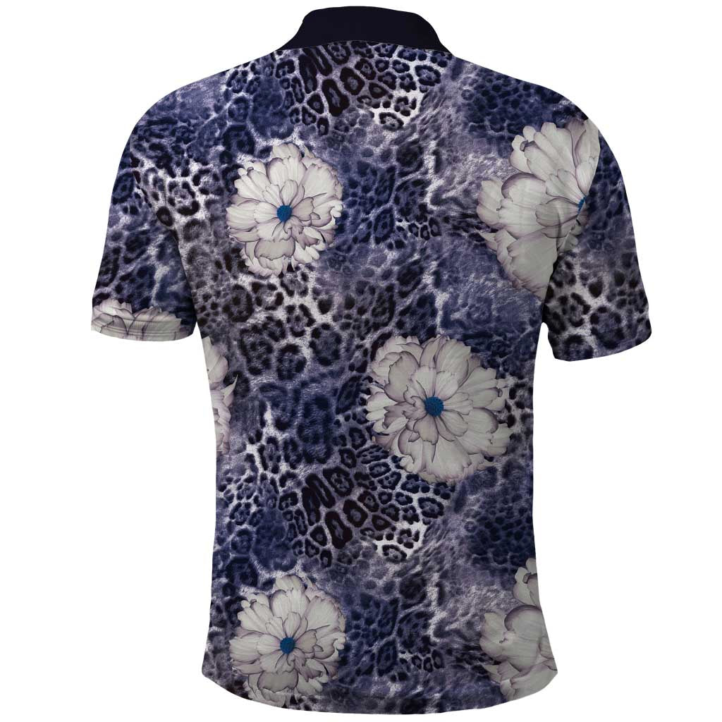 African Leopard Floral Pattern Polo Shirt Nile Indigo