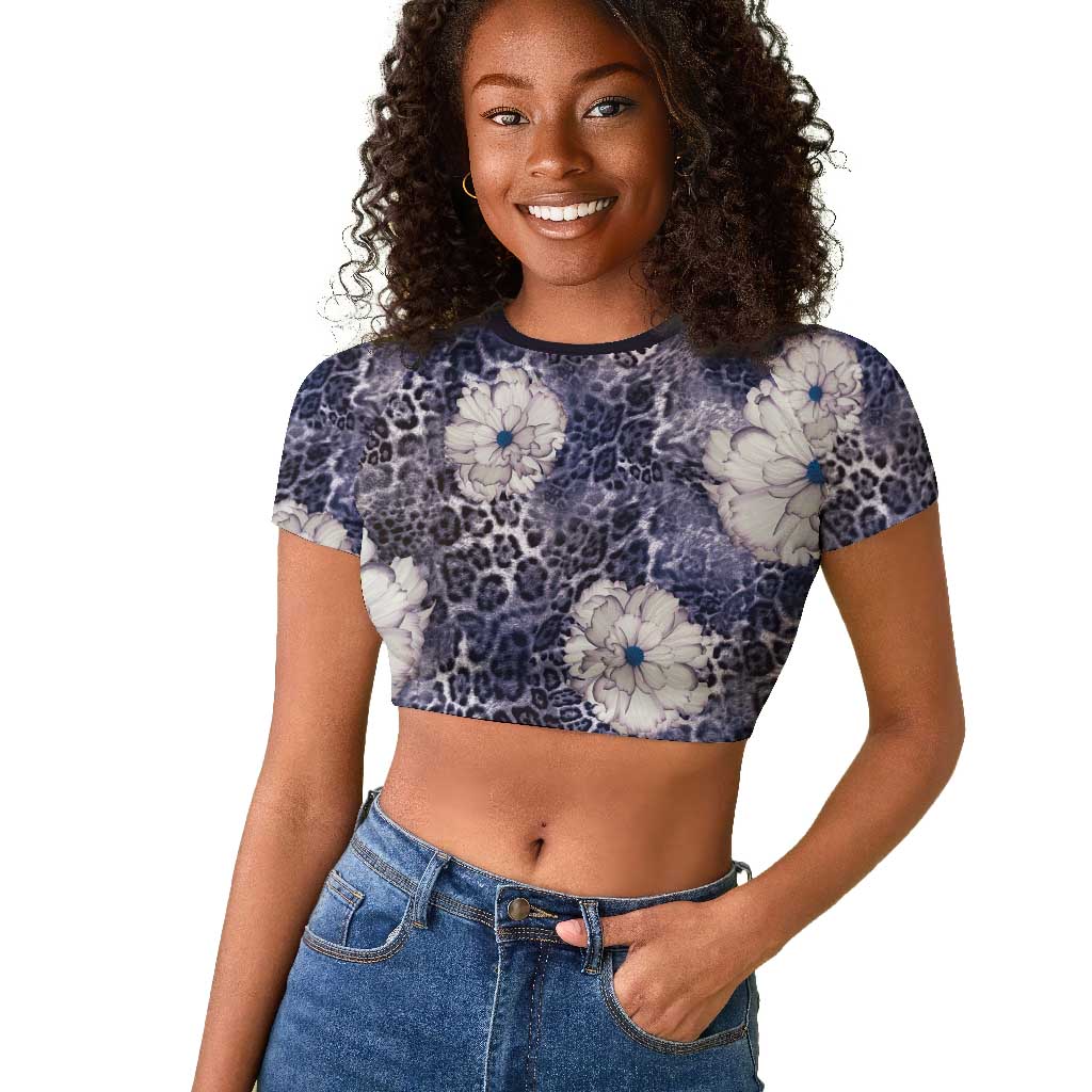 African Leopard Floral Pattern Raglan Cropped T shirt Nile Indigo