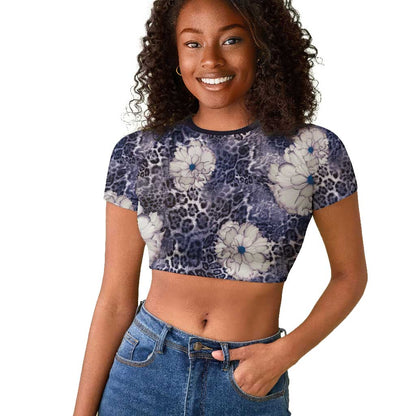 African Leopard Floral Pattern Raglan Cropped T shirt Nile Indigo