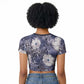 African Leopard Floral Pattern Raglan Cropped T shirt Nile Indigo
