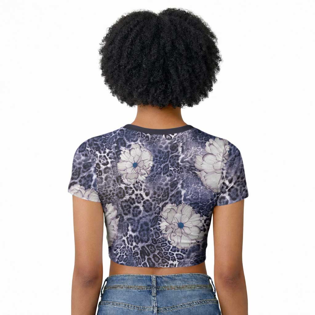 African Leopard Floral Pattern Raglan Cropped T shirt Nile Indigo