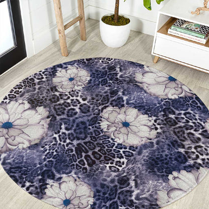 African Leopard Floral Pattern Round Carpet Nile Indigo