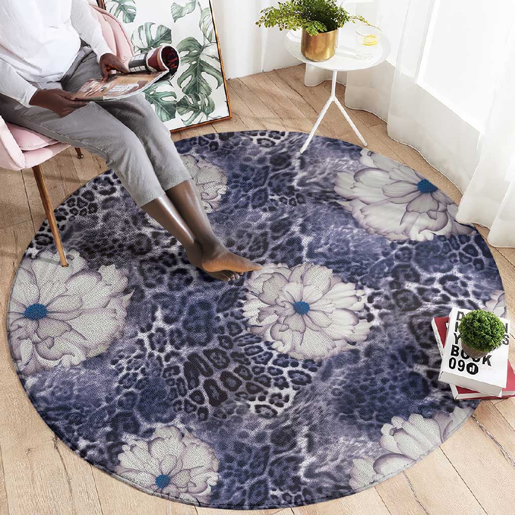 African Leopard Floral Pattern Round Carpet Nile Indigo