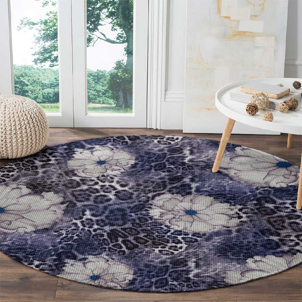 African Leopard Floral Pattern Round Carpet Nile Indigo