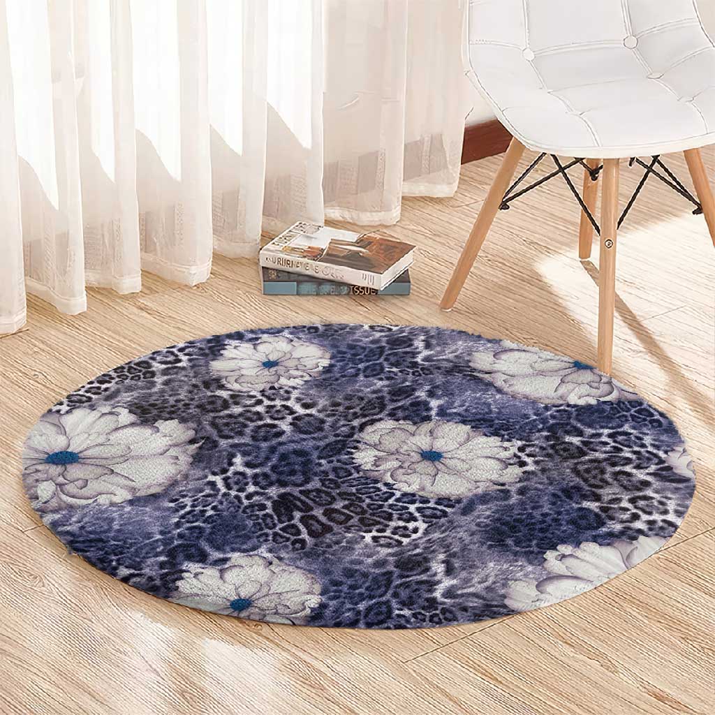 African Leopard Floral Pattern Round Carpet Nile Indigo