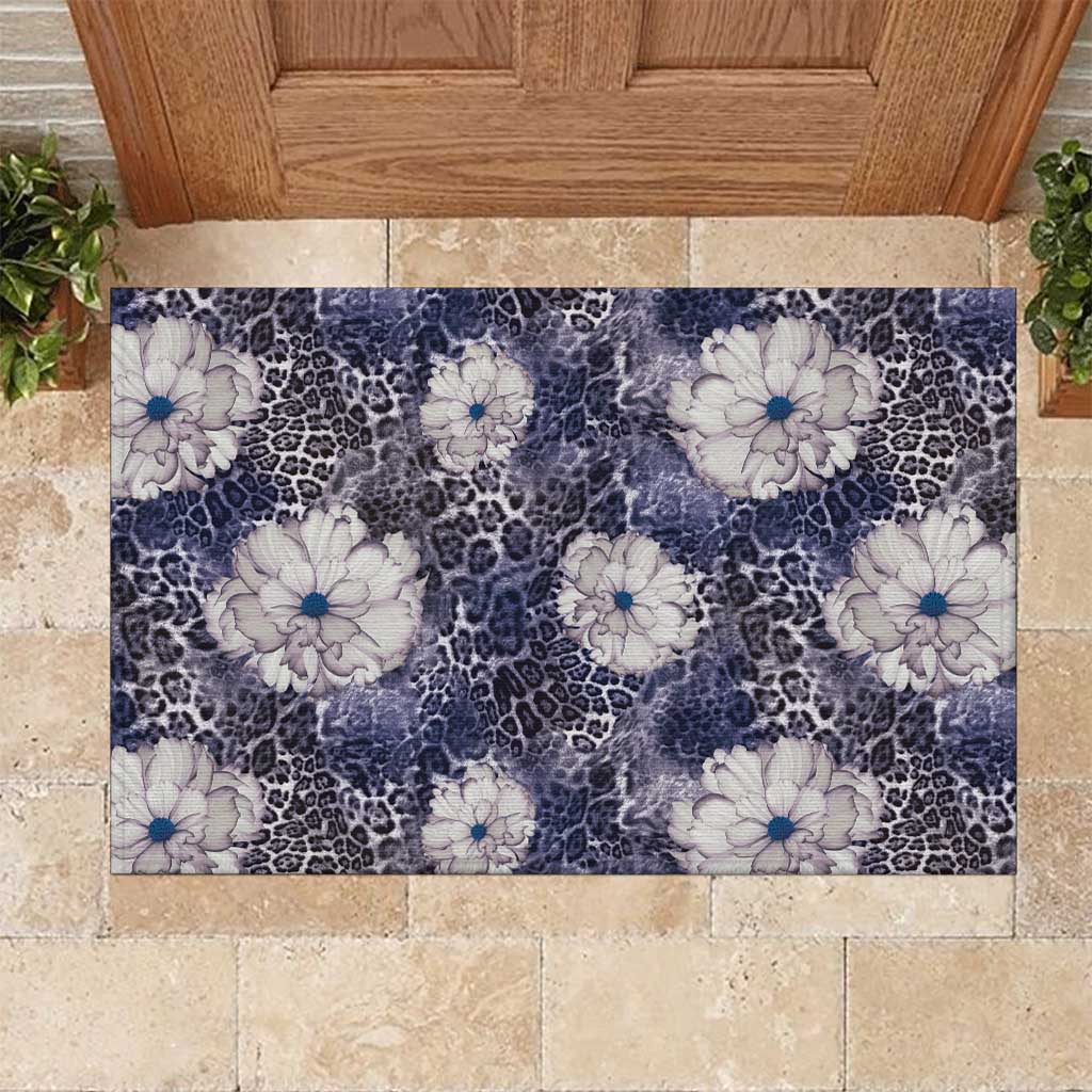 African Leopard Floral Pattern Rubber Doormat Nile Indigo