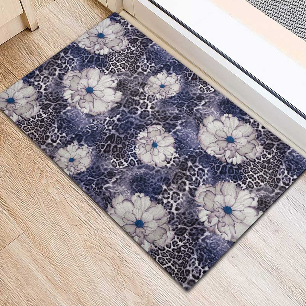 African Leopard Floral Pattern Rubber Doormat Nile Indigo
