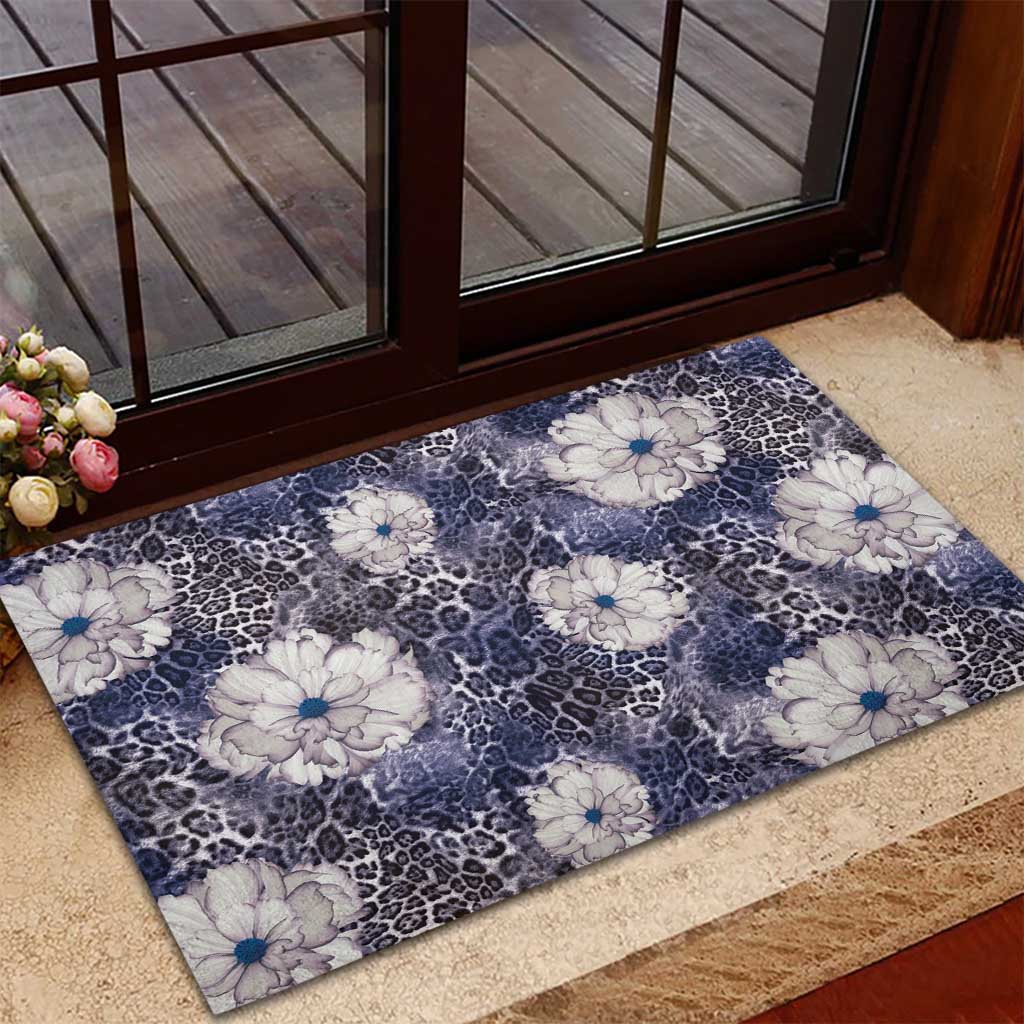 African Leopard Floral Pattern Rubber Doormat Nile Indigo