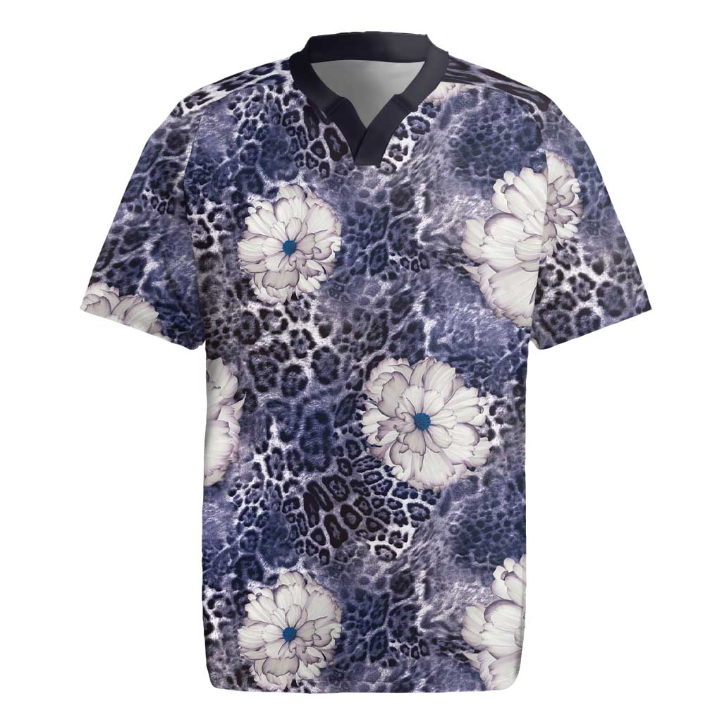 African Leopard Floral Pattern Rugby Jersey Nile Indigo
