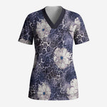 African Leopard Floral Pattern Scrub Top Nile Indigo