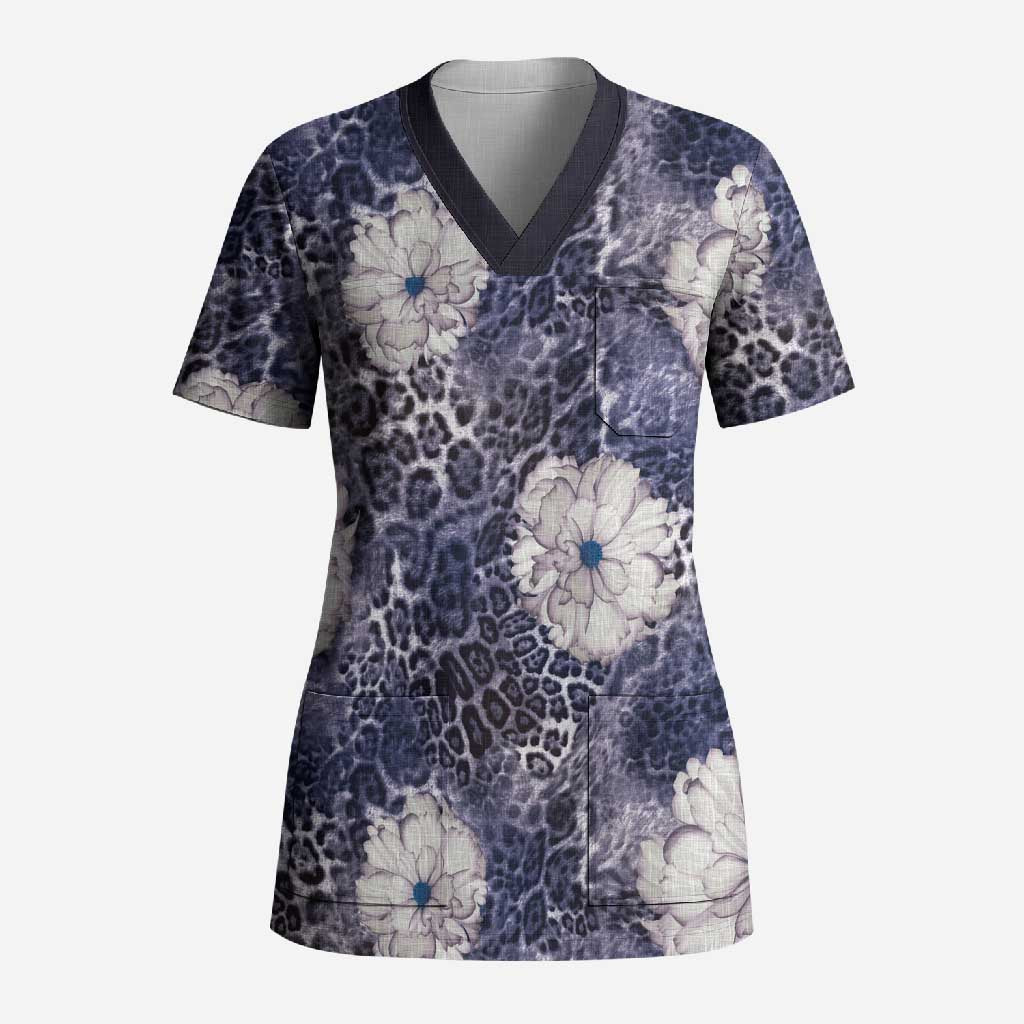 African Leopard Floral Pattern Scrub Top Nile Indigo