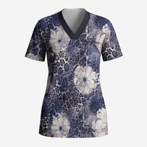 African Leopard Floral Pattern Scrub Top Nile Indigo