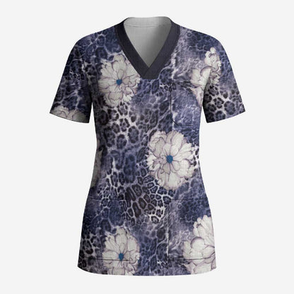 African Leopard Floral Pattern Scrub Top Nile Indigo
