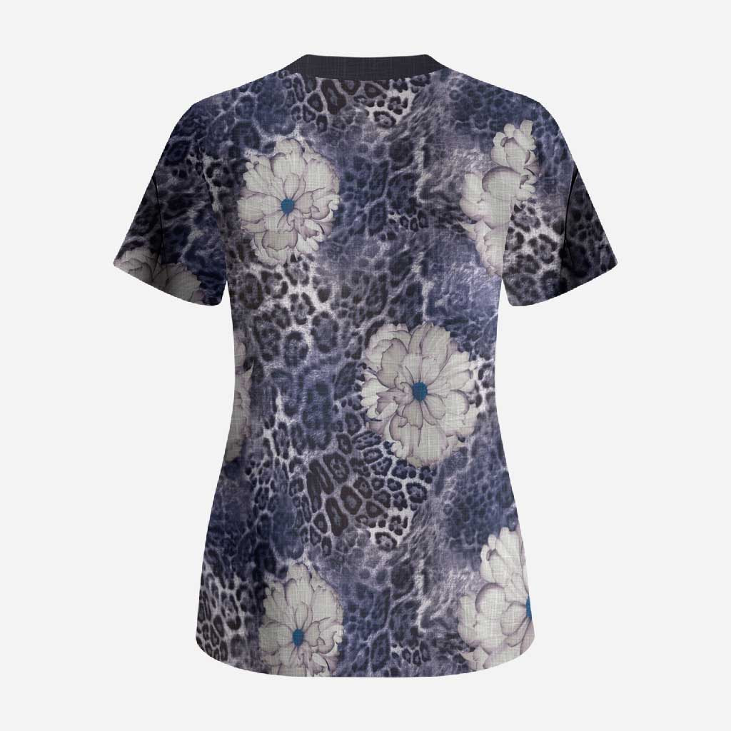 African Leopard Floral Pattern Scrub Top Nile Indigo