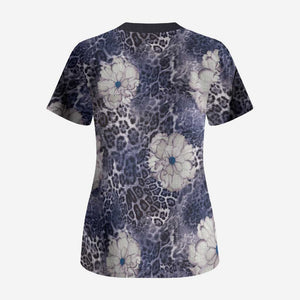 African Leopard Floral Pattern Scrub Top Nile Indigo