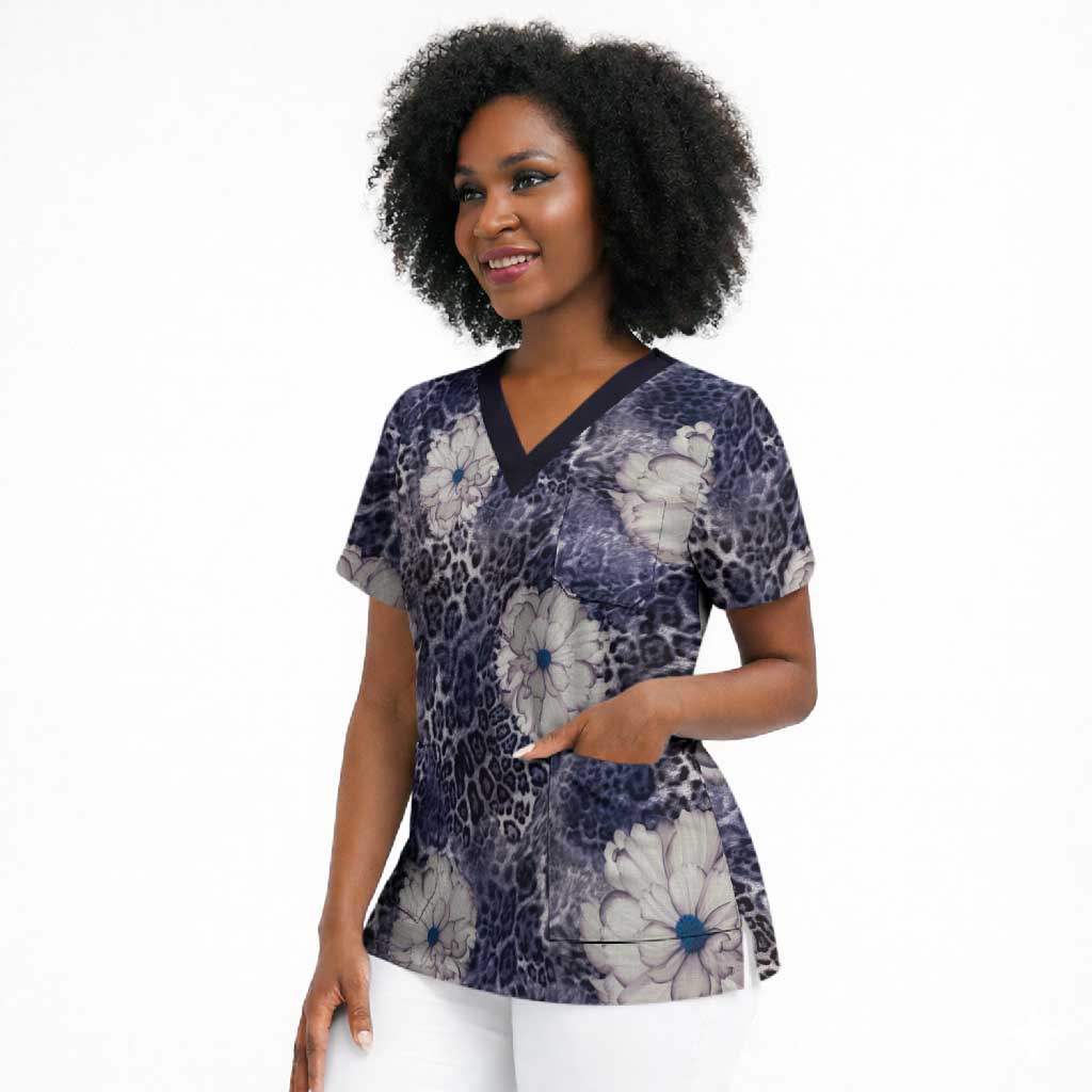 African Leopard Floral Pattern Scrub Top Nile Indigo