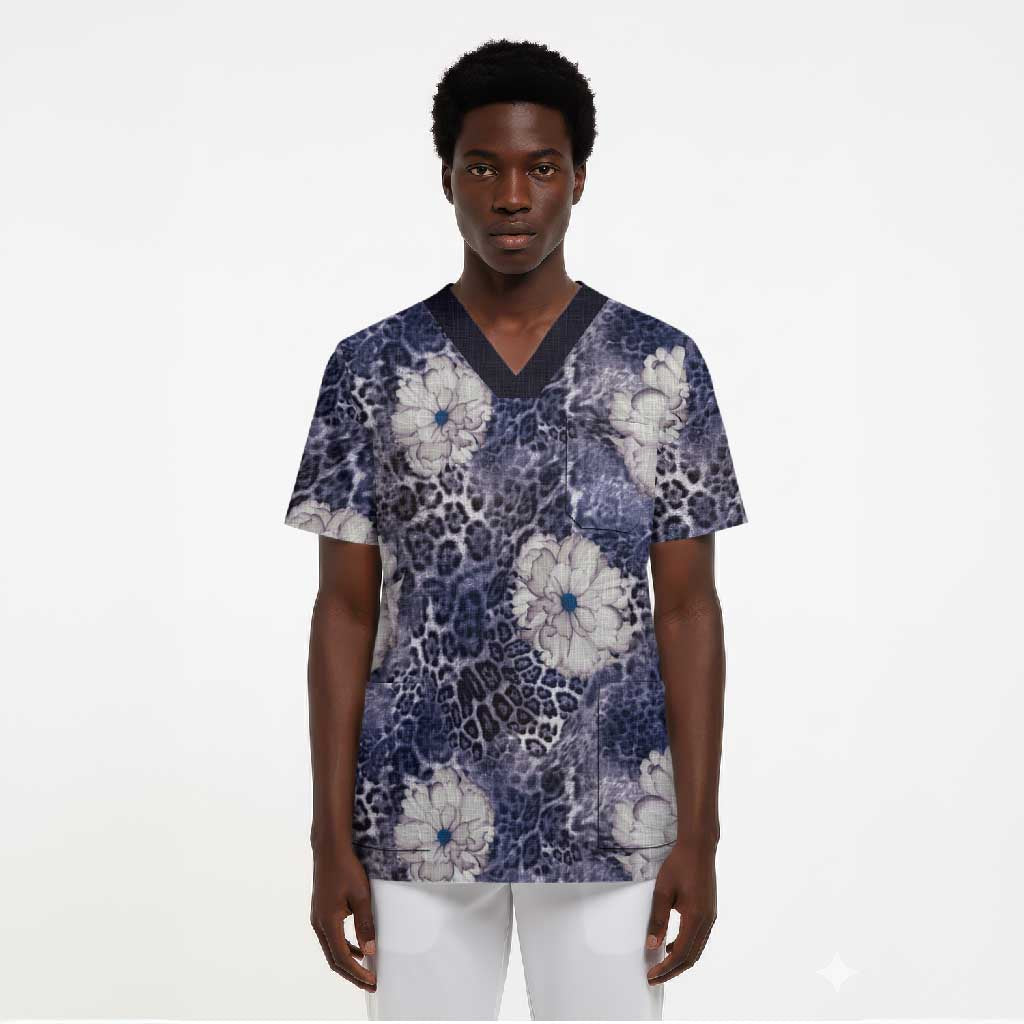 African Leopard Floral Pattern Scrub Top Nile Indigo