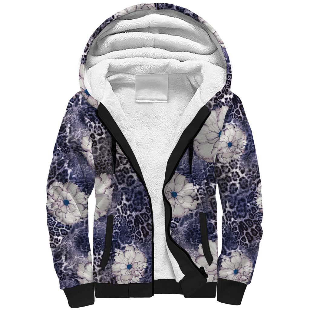 African Leopard Floral Pattern Sherpa Hoodie Nile Indigo