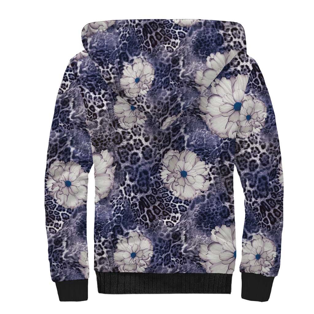 African Leopard Floral Pattern Sherpa Hoodie Nile Indigo